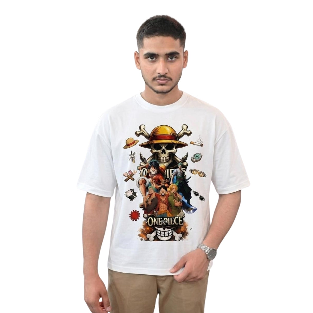 One Piece Anime Oversized Graphic T-Shirt – Front & Back Print White Tee
