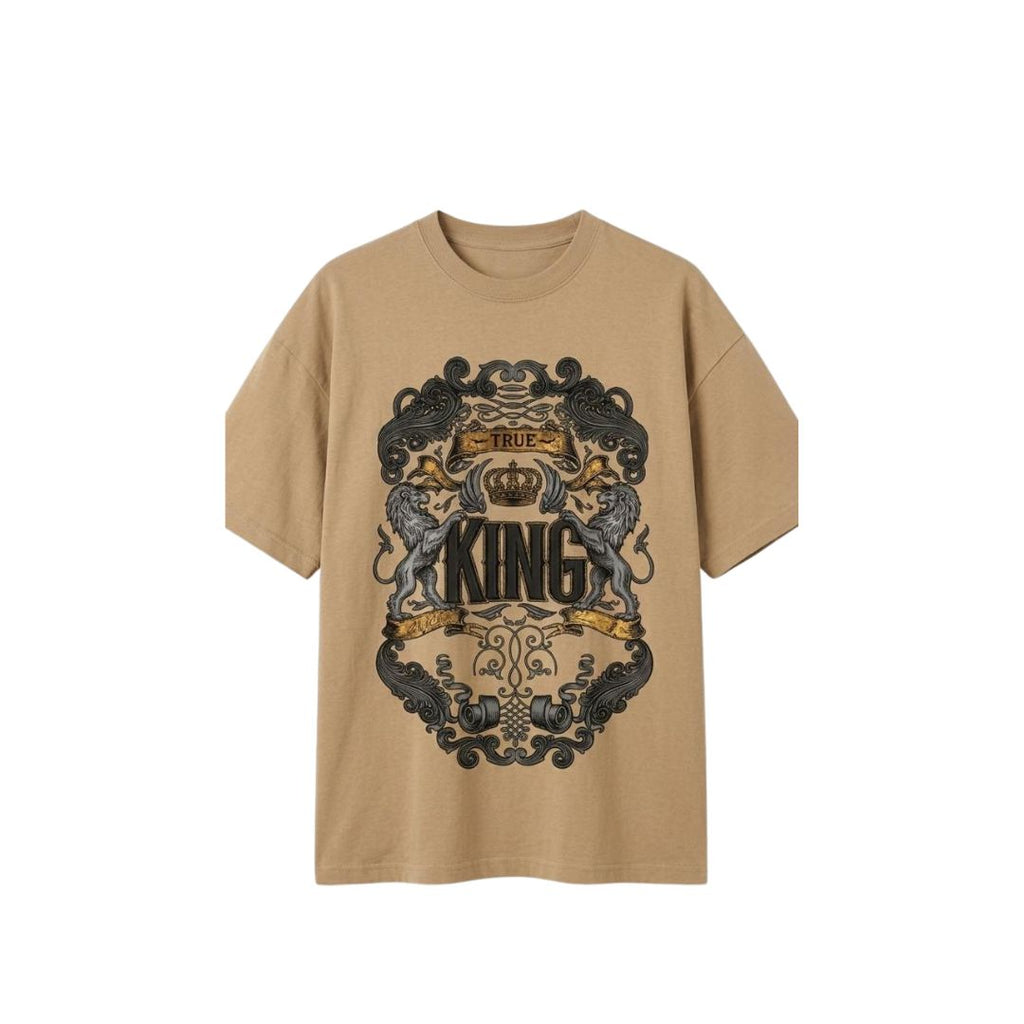 True King Lion Graphic Oversized T-Shirt – Khaki Premium Cotton Front & Back Print Tee