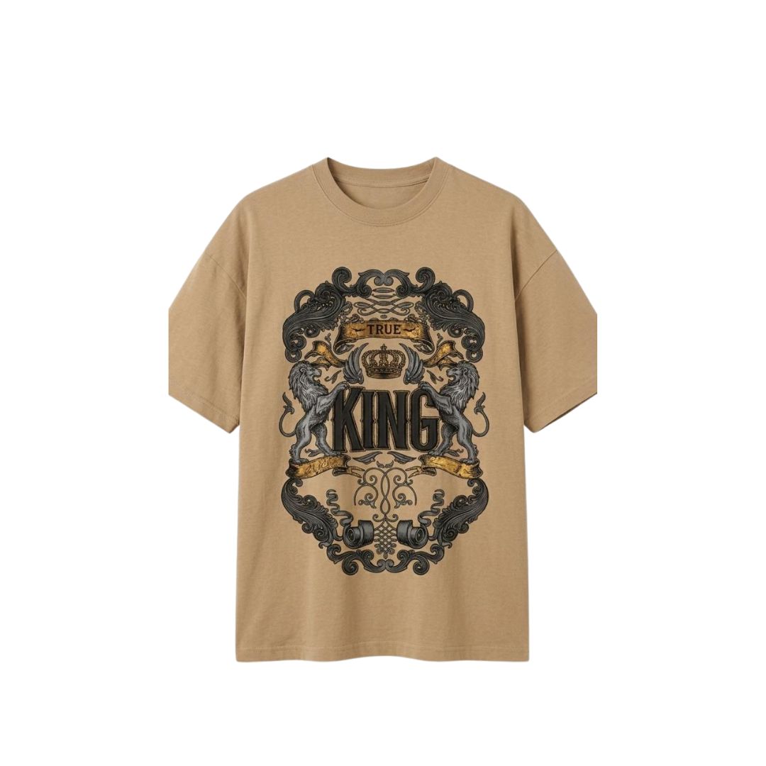 True King Lion Graphic Oversized T-Shirt – Khaki Premium Cotton Front & Back Print Tee