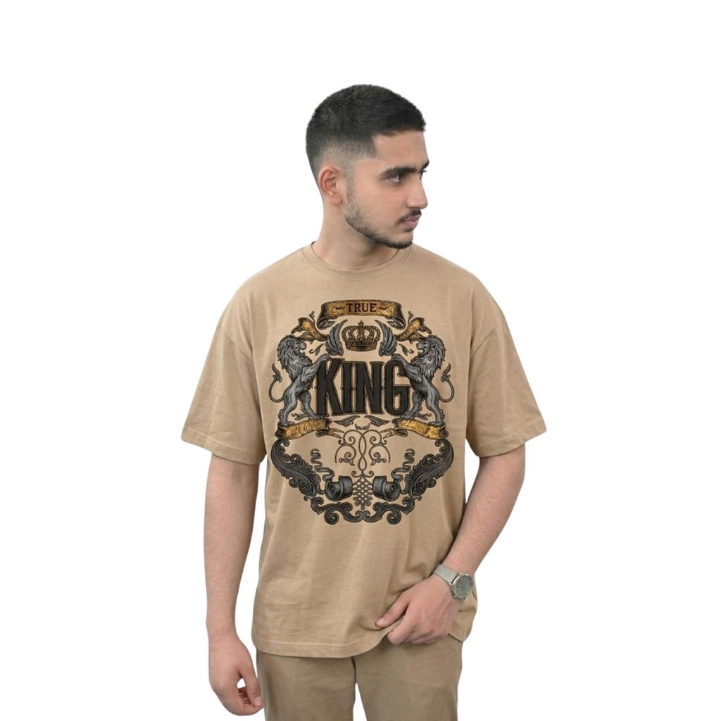 True King Lion Graphic Oversized T-Shirt – Khaki Premium Cotton Front & Back Print Tee