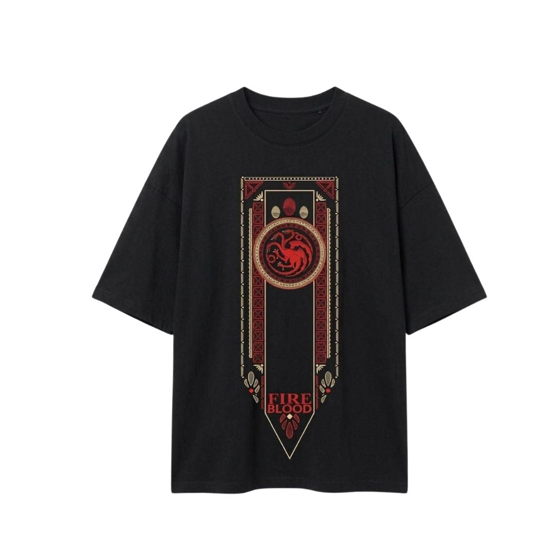 Fire & Blood Dragon Graphic Oversized T-Shirt – Black Premium Cotton Front & Back Print Tee