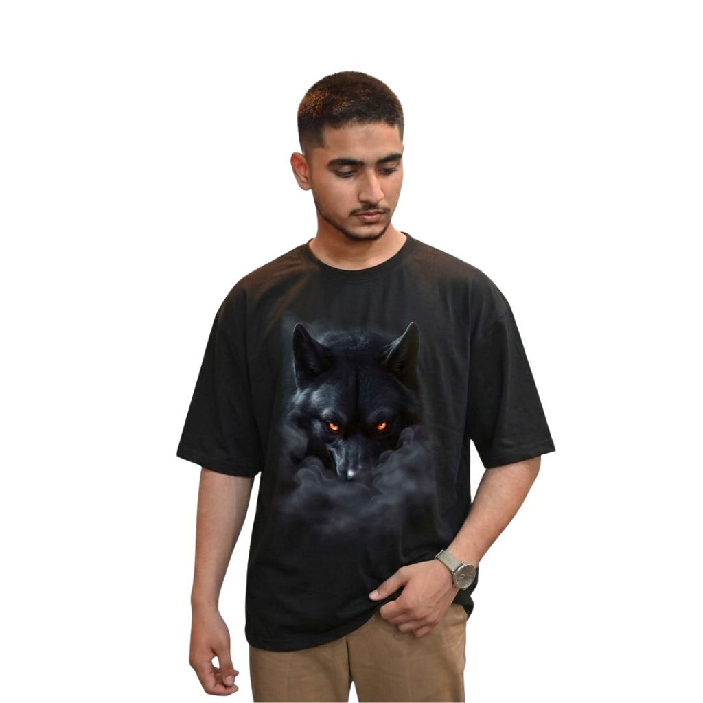 Midnight Wolf Graphic Oversized T-Shirt – Black Premium Cotton Graphic Tee